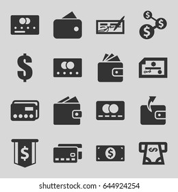 Pay icons set. set of 16 pay filled icons such as credit card, wallet, atm money withdraw, money dollar, dollar, wallet, check