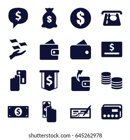 Pay icons set. set of 16 pay filled icons such as wallet, atm money withdraw, wallet, money on hand, credit card, cash payment, creadit card payment, dollar sign in cloud