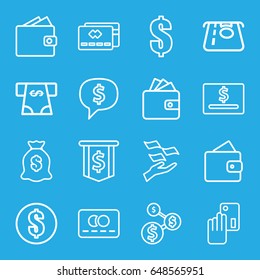 Pay icons set. set of 16 pay outline icons such as wallet, credit card, atm money withdraw, money on hand, wallet, dollar, creadit card payment