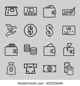 Pay icons set. set of 16 pay outline icons such as credit card, wallet, atm money withdraw, wallet, money on hand, dollar, cash payment