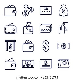 Pay icons set. set of 16 pay outline icons such as credit card, wallet, atm money withdraw, wallet, money sack, money dollar, dollar