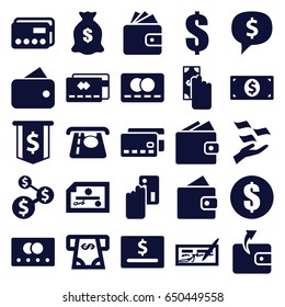 Pay icons set. set of 25 pay filled icons such as credit card, wallet, atm money withdraw, wallet, money on hand, dollar, cash payment, creadit card payment