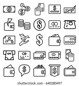 Pay icons set. set of 25 pay outline icons such as wallet, credit card, atm money withdraw, wallet, money on hand, dollar, cash payment, creadit card payment
