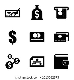 Pay icons. set of 9 editable filled pay icons such as dollar, credit card, check, dollar sign, atm money withdraw, money sack