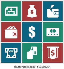 Pay icons set. set of 9 pay filled icons such as credit card, Wallet, ATM money withdraw, money sack, wallet, dollar, creadit card payment, check