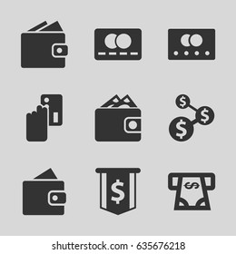Pay icons set. set of 9 pay filled icons such as credit card, wallet, atm money withdraw, creadit card payment