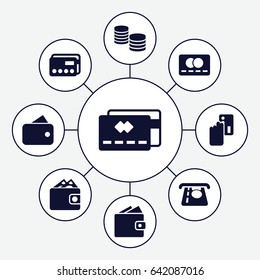 Pay icons set. set of 9 pay filled icons such as credit card, atm money withdraw, wallet, money