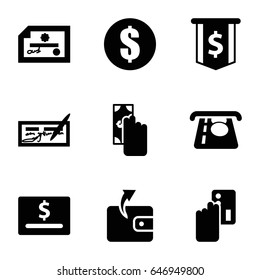 Pay icons set. set of 9 pay filled icons such as atm money withdraw, wallet, money, cash payment, creadit card payment, check, dollar card