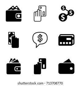 Pay icons set. set of 9 pay filled and outline icons such as wallet, wallet, credit card, cash payment, creadit card payment, dollar sign