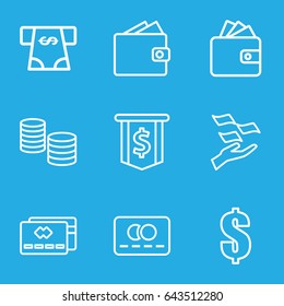 Pay icons set. set of 9 pay outline icons such as credit card, money on hand, wallet, atm money withdraw, money, dollar, wallet