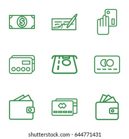 Pay icons set. set of 9 pay outline icons such as credit card, atm money withdraw, wallet, money dollar, creadit card payment, wallet