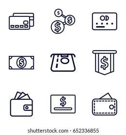 Pay icons set. set of 9 pay outline icons such as credit card, atm money withdraw, wallet, money dollar, wallet, dollar card