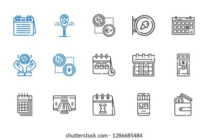 pay icons set. Collection of pay with wallet, money, calendar, payment method, atm, bitcoin, coin, sign, exchange, parking meter. Editable and scalable pay icons.