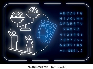 Pay Inequality Neon Light Concept Icon. Compensation Discrimination. Salary Inequity. Gender Pay Gap Idea. Outer Glowing Sign With Alphabet, Numbers And Symbols. Vector Isolated RGB Color Illustration