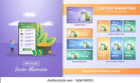 Pay installment concept. Bill payments using the mobile app. Paying internet, water, game vouchers bills. Suitable for web landing page, marketing, advertising, promotion, banner. Vector illustration