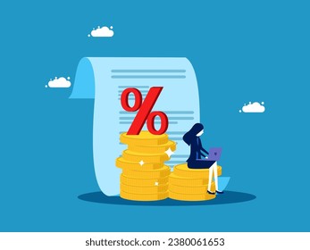 Pay interest. Businesswoman sitting on pile of coins with percentage