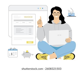 Pay Invoice online, using banking services and transactions. Invoice document on web page. Electronic receipt. Vector illustration on isolated white background.	