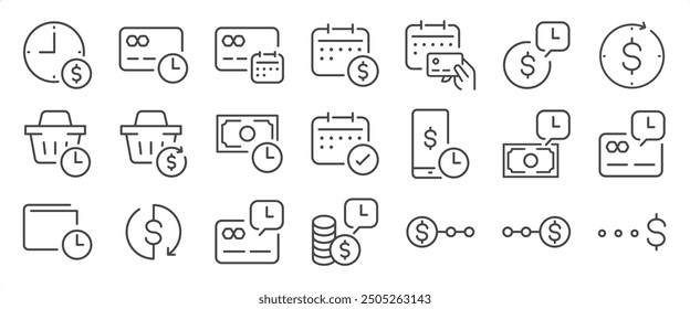 Pay later icon set. It includes installment, payment, due date, wishlist, time to pay, and more icons. Editable Vector Stroke.