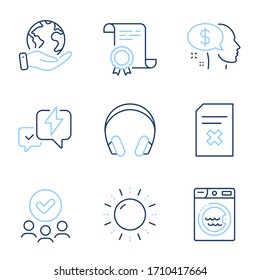 Pay, Laundry and Headphones line icons set. Diploma certificate, save planet, group of people. Lightning bolt, Sun energy and Delete file signs. Beggar, Washing machine, Music listening device. Vector
