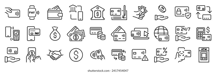 Pay line web icons Cashless payment. Credit card, debit card, mobile app, such as NFC. money, bitcoin, Editable stroke.