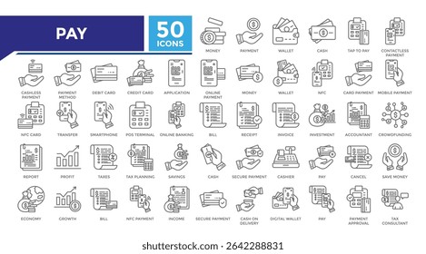 Pay lineal icon set collection. This set includes money, wallet, tap to pay, contactless, transfer, tax planning, budget and more icons in lineal style. Vector icons collection for infographics