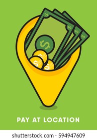 Pay at the location concept. Dollar currency in location pin. Logo design idea for payment process
