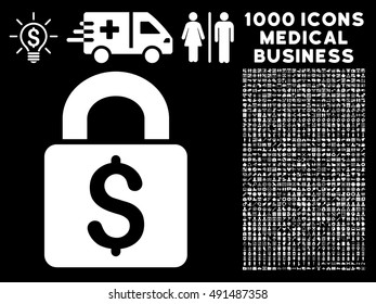 Pay Lock icon with 1000 medical business white vector pictographs. Clipart style is flat symbols, black background.
