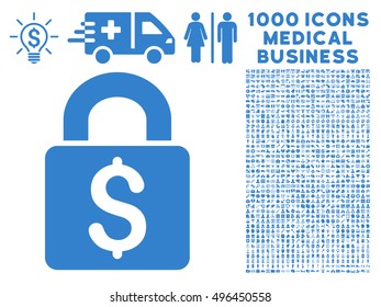 Pay Lock icon with 1000 medical commercial cobalt vector pictographs. Clipart style is flat symbols, white background.