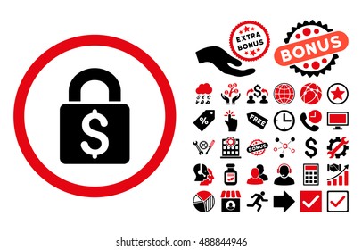 Pay Lock icon with bonus icon set. Vector illustration style is flat iconic bicolor symbols, intensive red and black colors, white background.