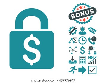 Pay Lock pictograph with bonus elements. Vector illustration style is flat iconic bicolor symbols, soft blue colors, white background.