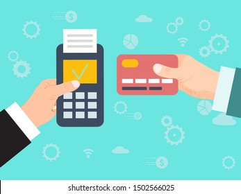 Pay merchant hand credit card vector illustration. Credit card online payment. Payment with edc mashine and credit card. Electronic funds transfer at point of sale via terminal.