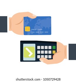 Pay merchant hands credit card flat vector illustration payment, electronic data capture transaction point of sales pos