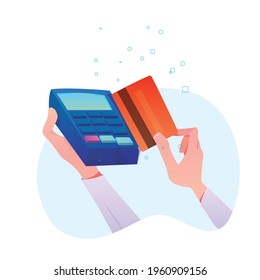 pay merchant hands credit card flat vector illustration payment edc electronic data capture transaction point of sales pos. hand swiping credit card on the EDC machine. 