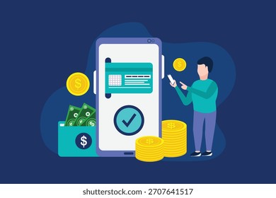 Pago Móvil de pago por bienes, servicios, compras usando smartphone. Banca en línea, pagar con teléfono. Tarjeta de crédito en la pantalla, pago del Botón, smartphone en el hombre 