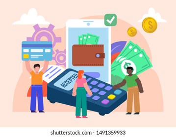 Pay with mobile phone, POS terminal concept. Group of people stand near big phone, POS terminal. Poster for social media, web page, banner, presentation. Flat design vector illustration