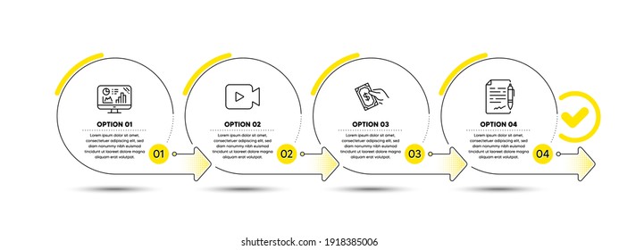 Pay money, Analytics graph and Video camera line icons set. Timeline process infograph. Agreement document sign. Hold cash, Growth report, Movie or cinema. Legal contract. Education set. Vector