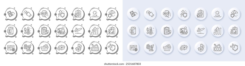 Ícones de pagamento, Excluir compra e Linha de relatório. Botões 3d de pino branco, ícones de bolhas de chat. Pacote de Spanner, Imposto monetário, ícone de proteção Sun. Vetor