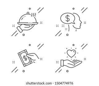 Pay, Pay Money And Restaurant Food Line Icons Set. Hold Heart Sign. Beggar, Hold Cash, Room Service. Love Brand. People Set. Line Pay Outline Icon. Vector