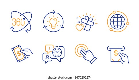 Pay Money, Touchscreen Gesture And Globe Line Icons Set. Full Rotation, Love Gift And Time Management Signs. Idea, Atm Service Symbols. Hold Cash, Click Hand. Business Set. Line Pay Money Icon. Vector