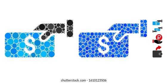 Pay mosaic of circle elements in variable sizes and color hues, based on pay icon. Vector circle elements are united into blue mosaic. Dotted pay icon in usual and blue versions.