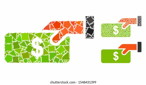 Pay mosaic of unequal elements in variable sizes and shades, based on pay icon. Vector humpy elements are united into collage. Pay icons collage with dotted pattern.