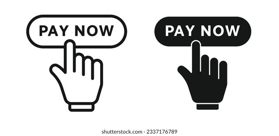Pay now Button icon set in black filled and outlined style. click here and pay bill cta buttons.