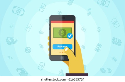 Pay Now flat concept, hand holding smartphone with online payment app vector illustration