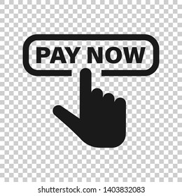 Pay now icon in transparent style. Finger cursor vector illustration on isolated background. Click button business concept.
