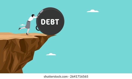 pay off business debt, reduce the burden of obligations, deficit or borrowing due, managing debt, responsibility to pay debtor, business woman pushes the debt burden ball into the canyon