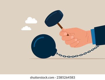 Pay off debt, destroy shackle or anxiety burden, escape and liberation concept. Vector illustration 