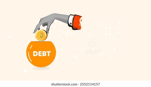 Pay off debt, financial obligation, responsibility to pay debtor, money decision, businessman hand put dollar coin money into debt. Collage Art Vector illustration