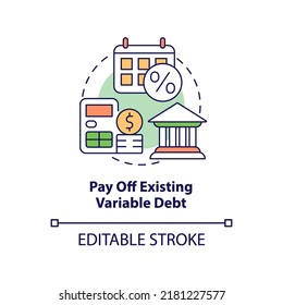 Pay Off Existing Variable Debt Concept Icon. Protecting Money During Inflation Abstract Idea Thin Line Illustration. Isolated Outline Drawing. Editable Stroke. Arial, Myriad Pro-Bold Fonts Used