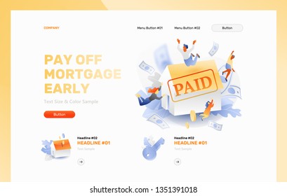 Pay Off Mortgage Early Vector Banner Header With Multicultural Family Around 3D White House And PAID Stamp. 3D With Gradients Style.