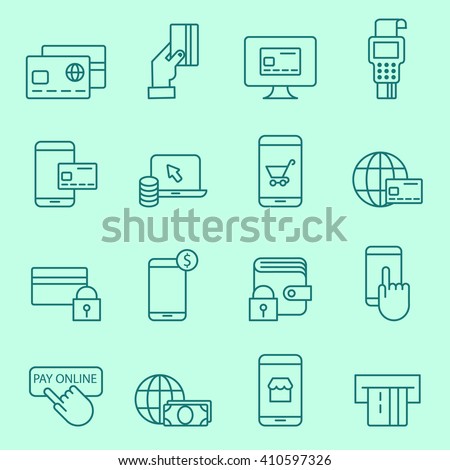 Pay on line and mobile banking icons, thin line, flat design